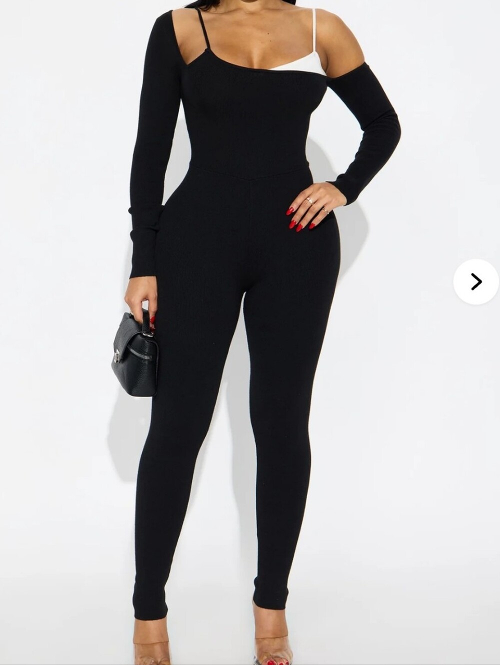 Fashion Nova Black One-Shoulder Jumpsuit with White Inner Strap